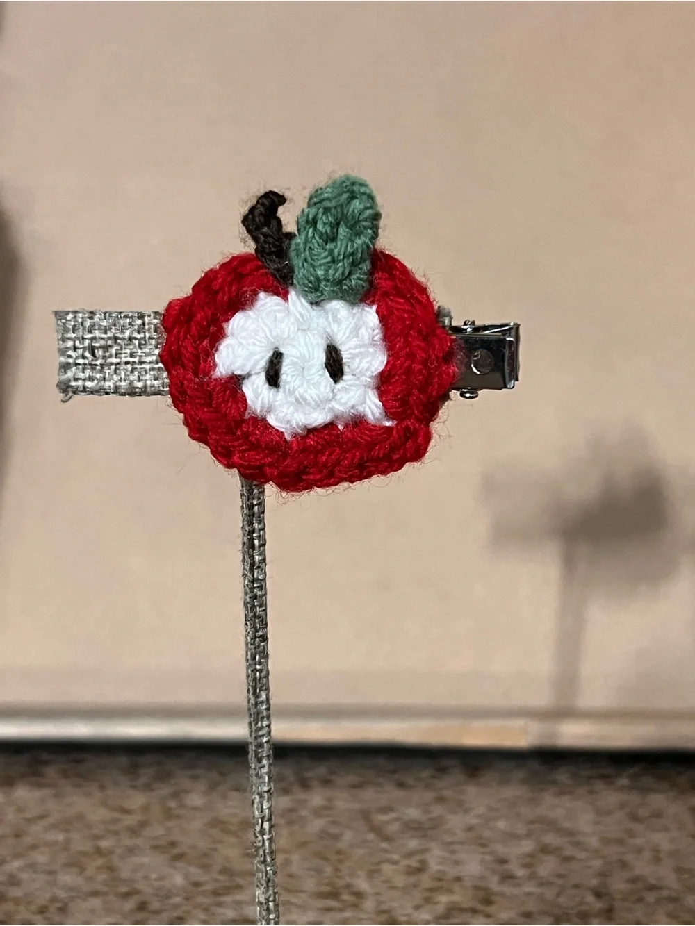 Crochet Apple Kids Hair Clip with Green Leaf Accent